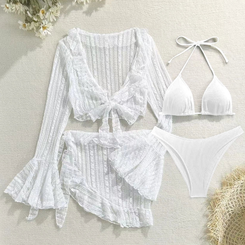 Women's 4-Piece Mesh Long Sleeve Bikini Set with Beach Skirt Holiday Bathing Suit