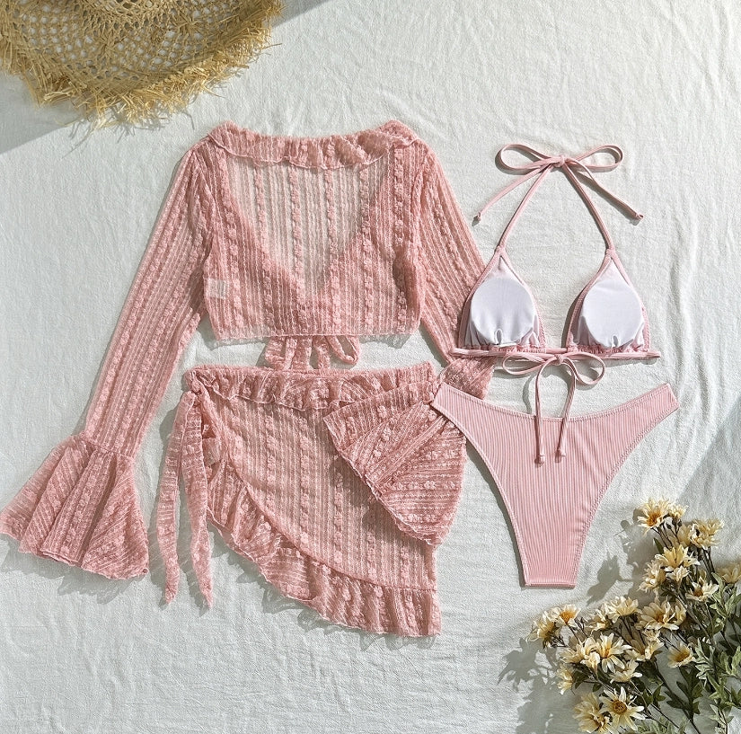 Women's 4-Piece Mesh Long Sleeve Bikini Set with Beach Skirt Holiday Bathing Suit