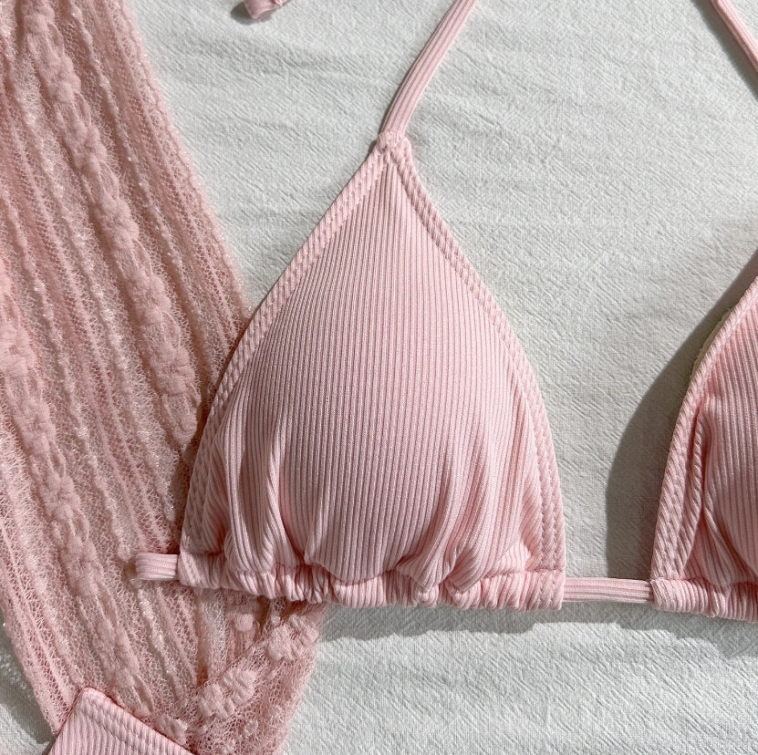 Women's 4-Piece Mesh Long Sleeve Bikini Set with Beach Skirt Holiday Bathing Suit