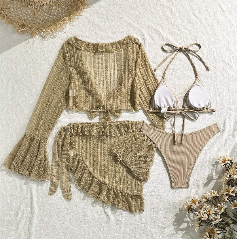 Women's 4-Piece Mesh Long Sleeve Bikini Set with Beach Skirt Holiday Bathing Suit