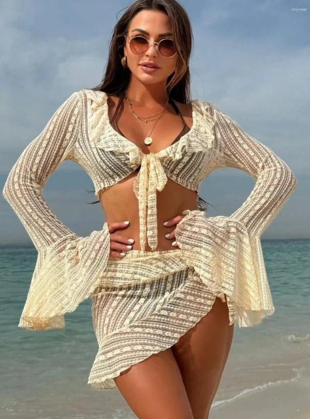Women's 4-Piece Mesh Long Sleeve Bikini Set with Beach Skirt Holiday Bathing Suit