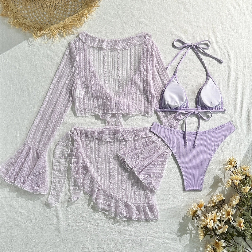 Women's 4-Piece Mesh Long Sleeve Bikini Set with Beach Skirt Holiday Bathing Suit