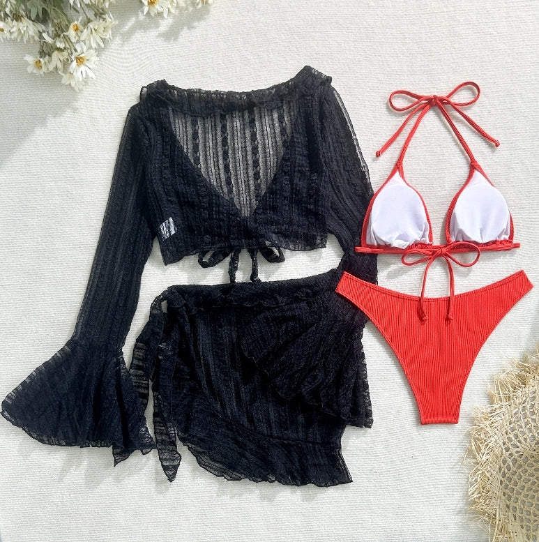 Women's 4-Piece Mesh Long Sleeve Bikini Set with Beach Skirt Holiday Bathing Suit