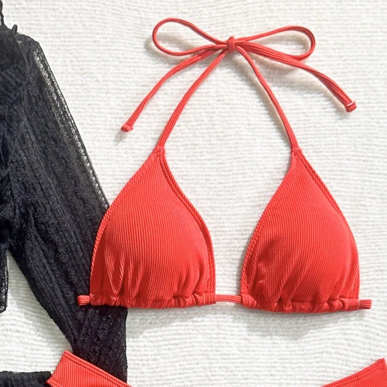 Women's 4-Piece Mesh Long Sleeve Bikini Set with Beach Skirt Holiday Bathing Suit