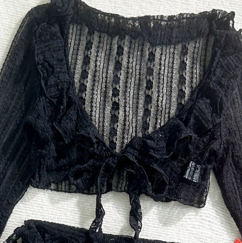 Women's 4-Piece Mesh Long Sleeve Bikini Set with Beach Skirt Holiday Bathing Suit