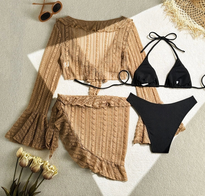 Women's 4-Piece Mesh Long Sleeve Bikini Set with Beach Skirt Holiday Bathing Suit