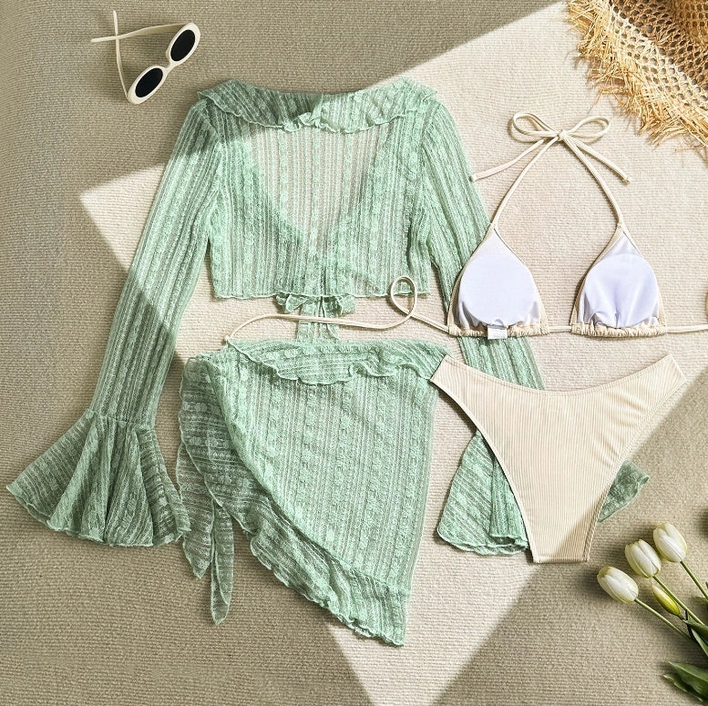 Women's 4-Piece Mesh Long Sleeve Bikini Set with Beach Skirt Holiday Bathing Suit