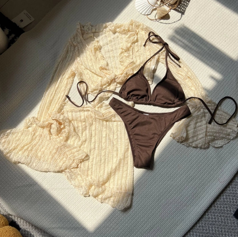 Women's 4-Piece Mesh Long Sleeve Bikini Set with Beach Skirt Holiday Bathing Suit