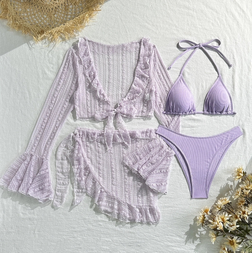 Women's 4-Piece Mesh Long Sleeve Bikini Set with Beach Skirt Holiday Bathing Suit