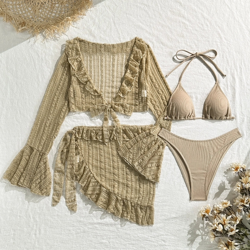 Women's 4-Piece Mesh Long Sleeve Bikini Set with Beach Skirt Holiday Bathing Suit