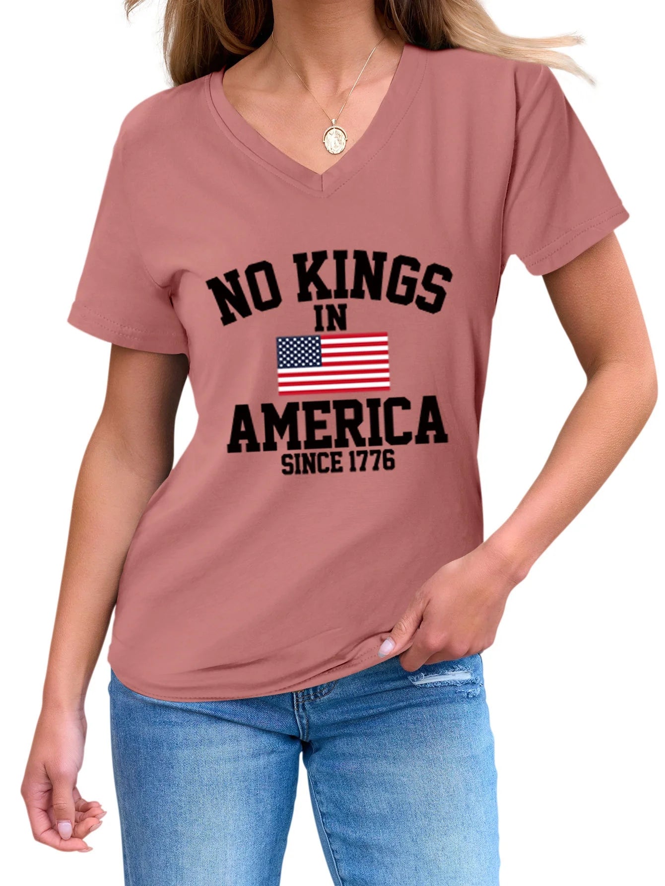 No Kings in America Casual Versatile Comfortable Women's V-neck Short Sleeve T-shirt