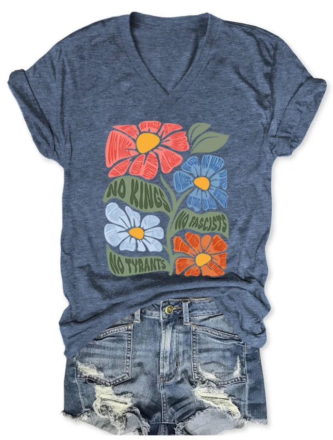 Women's V-neck short-sleeved No kings No Fascists No Tyrants T-shirt