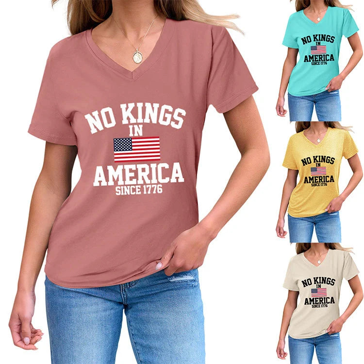 No Kings in America Casual Versatile Comfortable Women's V-neck Short Sleeve T-shirt