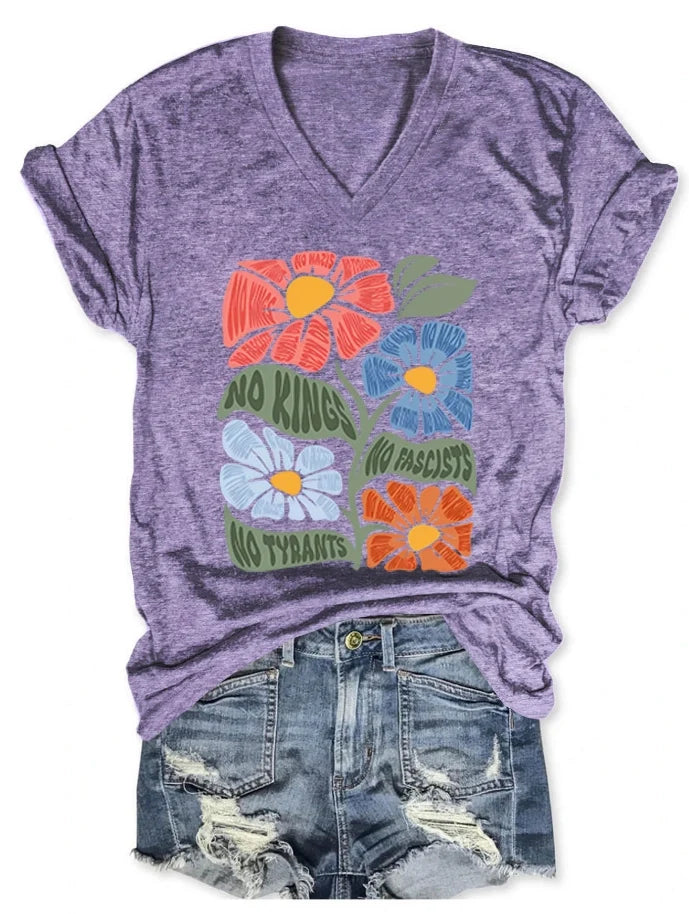 Women's V-neck short-sleeved No kings No Fascists No Tyrants T-shirt