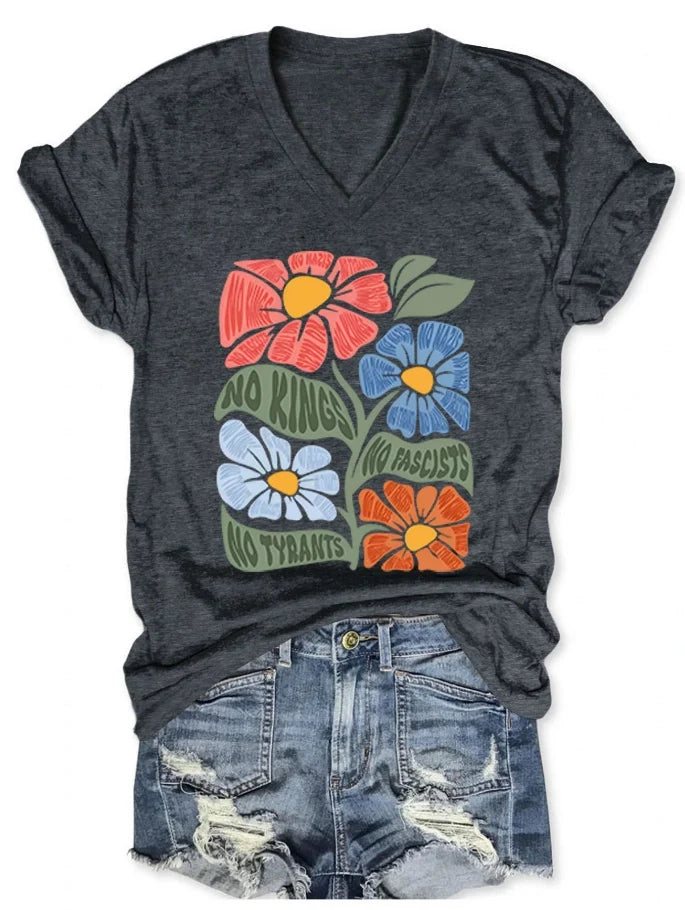 Women's V-neck short-sleeved No kings No Fascists No Tyrants T-shirt