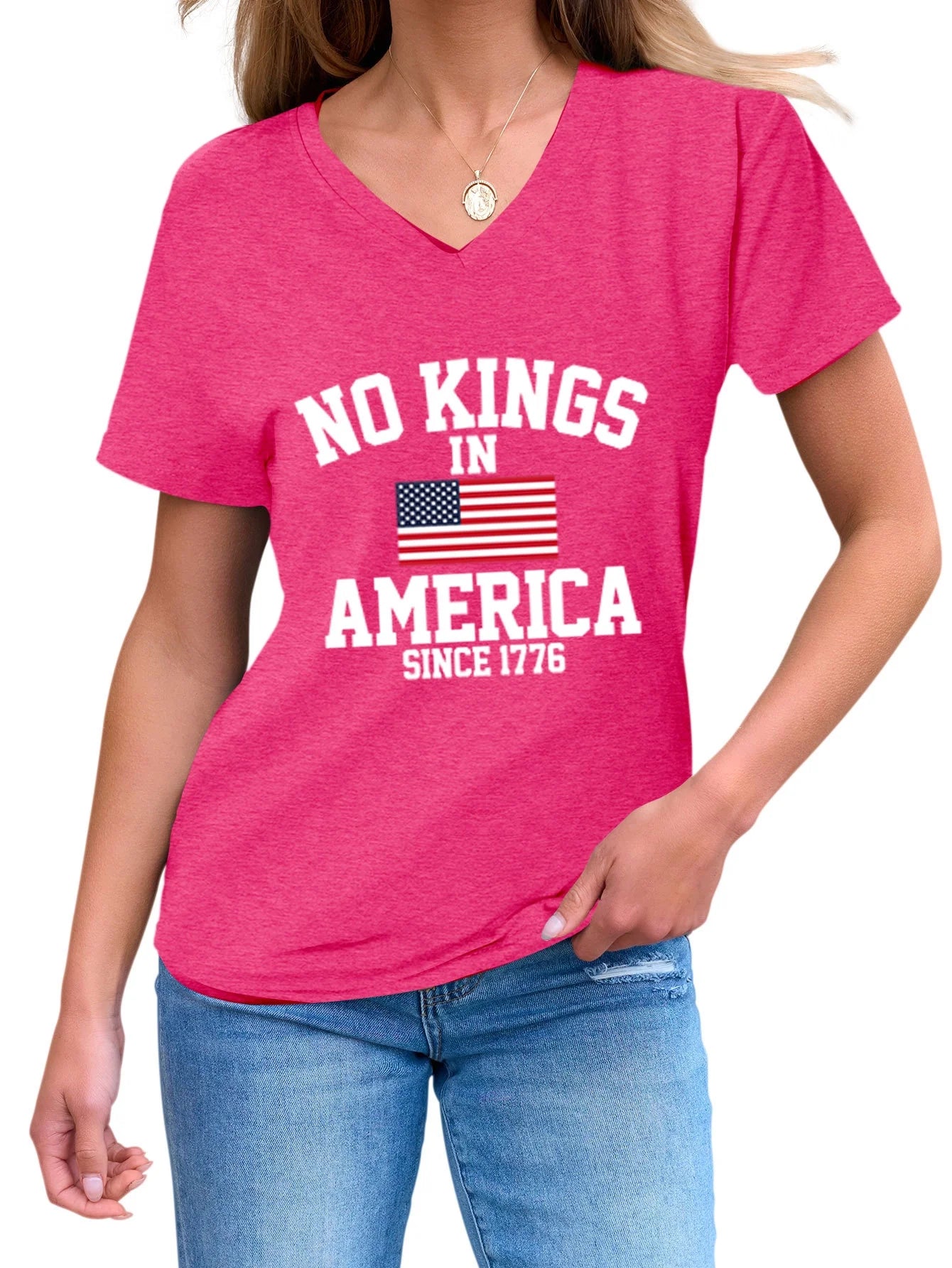 No Kings in America Casual Versatile Comfortable Women's V-neck Short Sleeve T-shirt