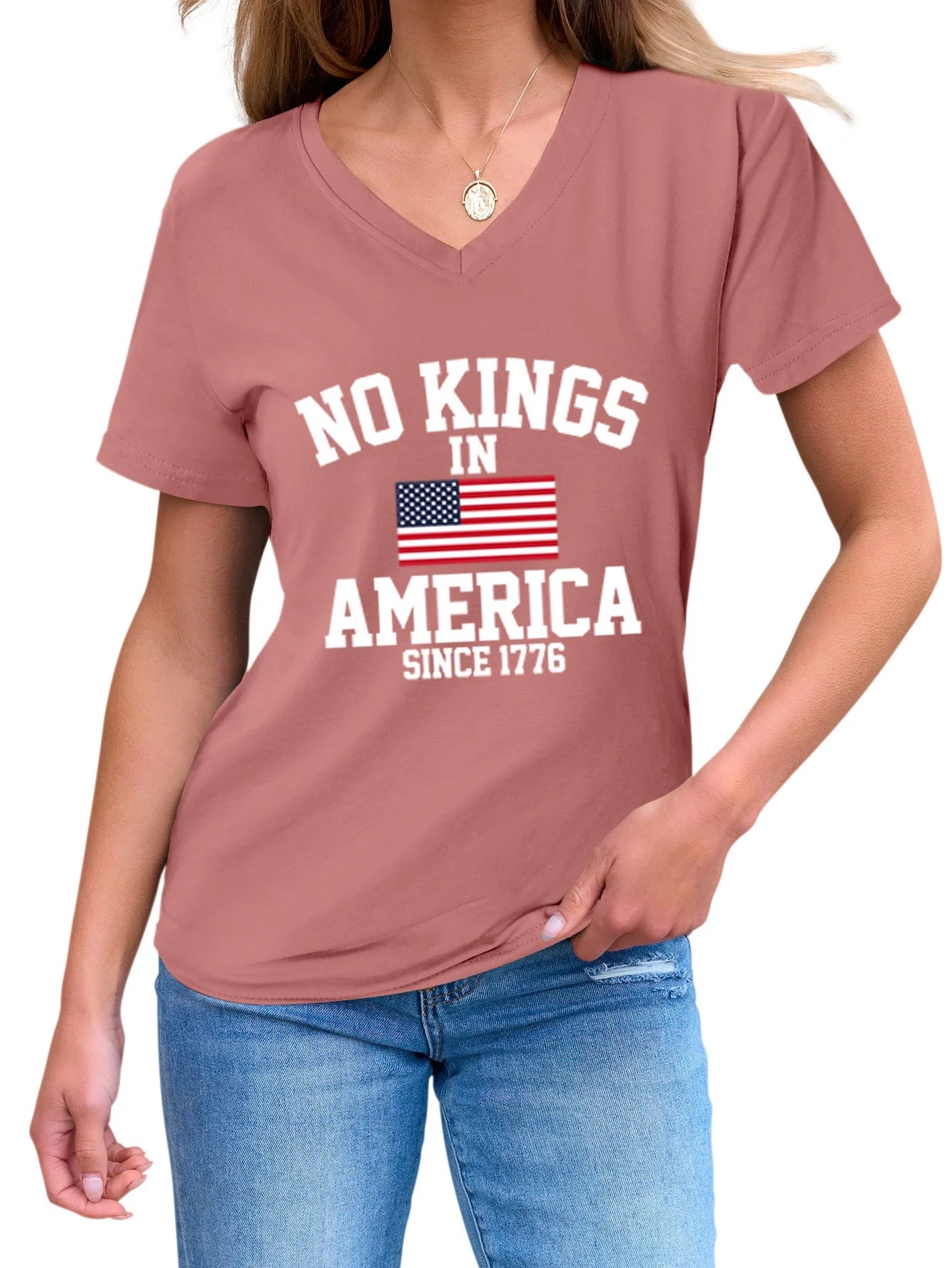 No Kings in America Casual Versatile Comfortable Women's V-neck Short Sleeve T-shirt