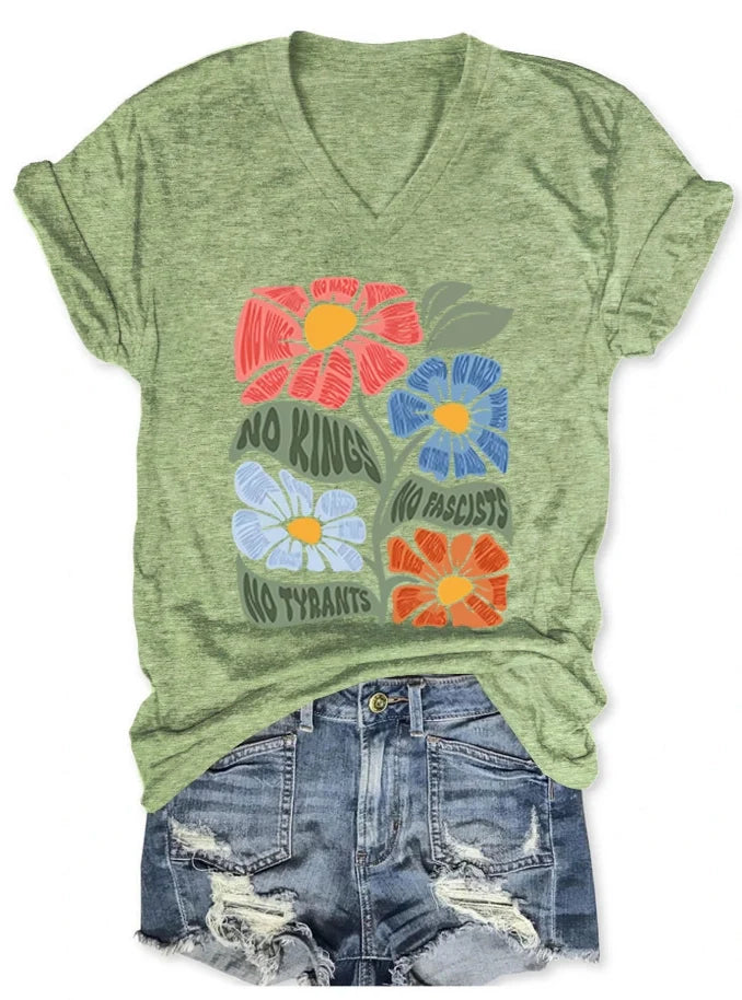 Women's V-neck short-sleeved No kings No Fascists No Tyrants T-shirt