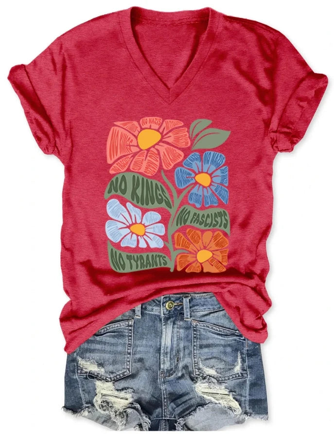 Women's V-neck short-sleeved No kings No Fascists No Tyrants T-shirt