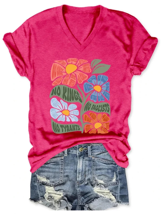 Women's V-neck short-sleeved No kings No Fascists No Tyrants T-shirt