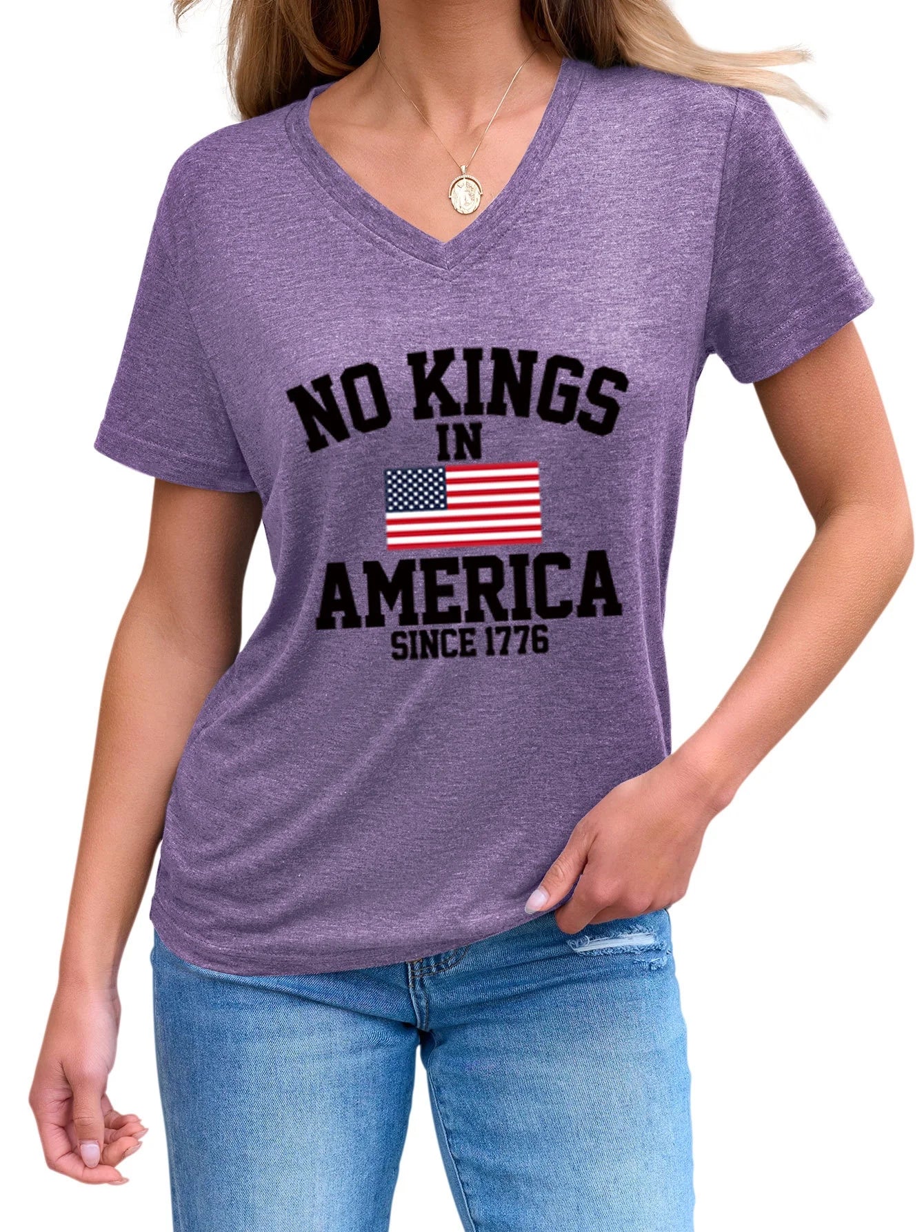 No Kings in America Casual Versatile Comfortable Women's V-neck Short Sleeve T-shirt