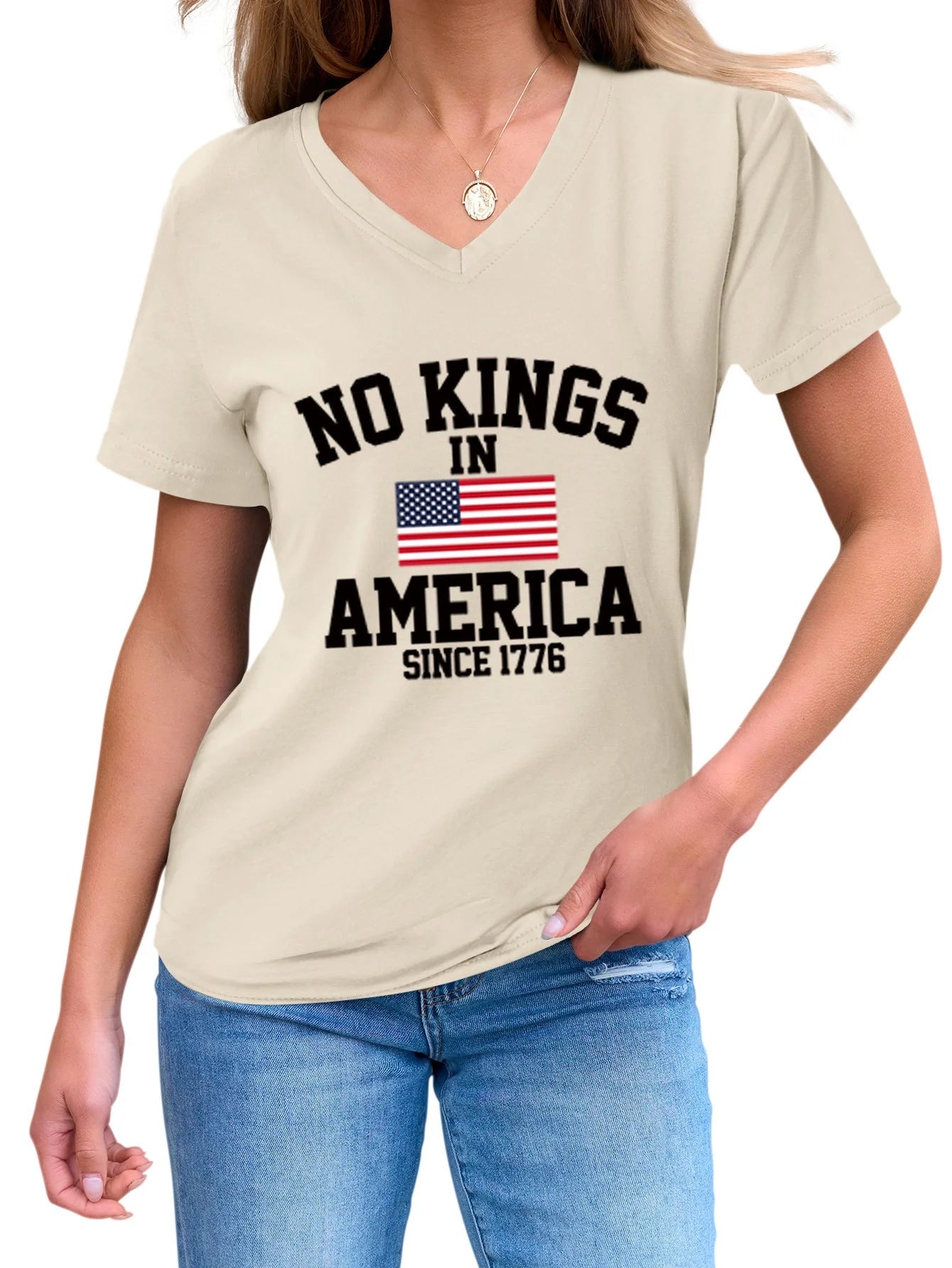 No Kings in America Casual Versatile Comfortable Women's V-neck Short Sleeve T-shirt
