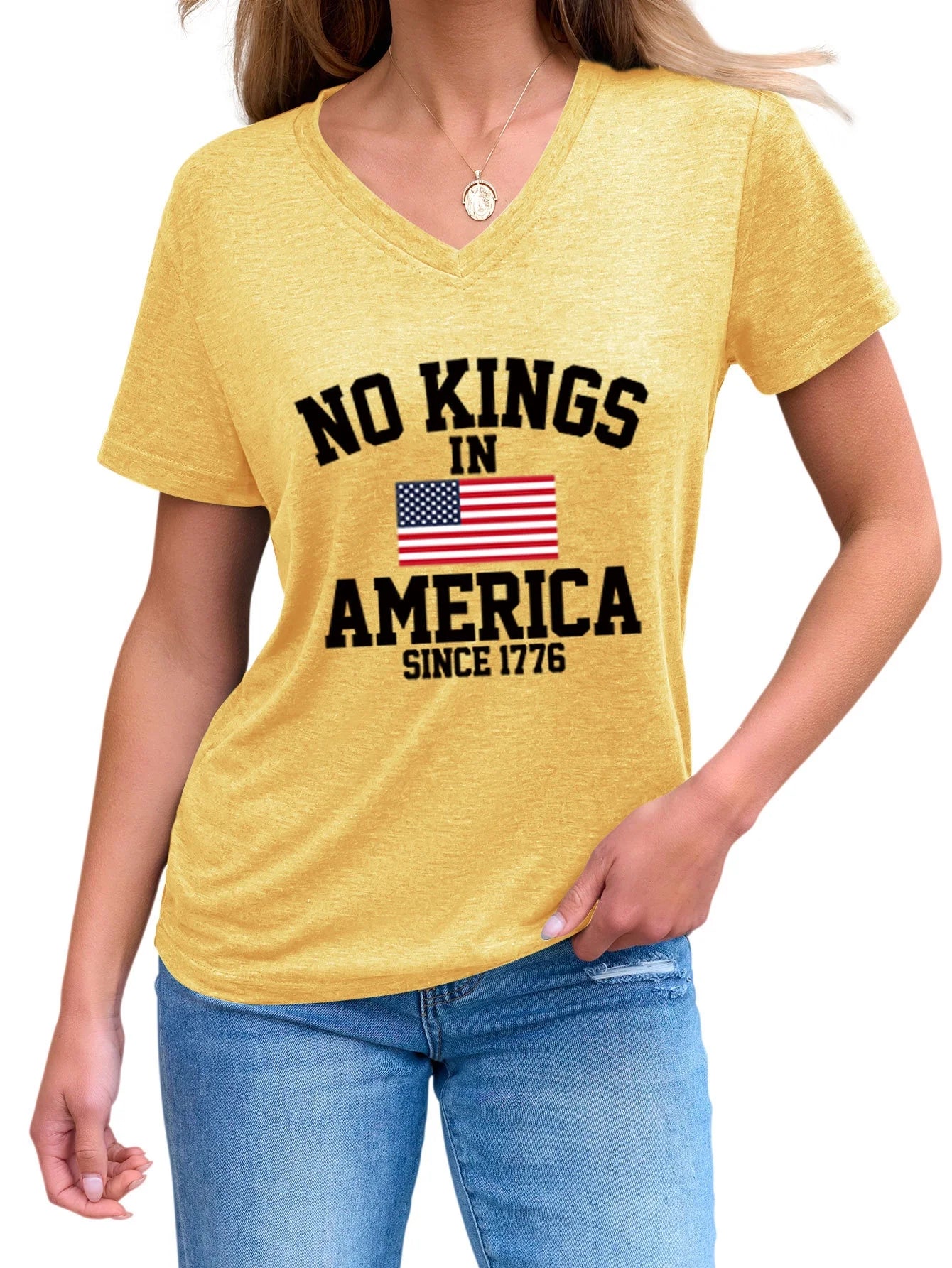 No Kings in America Casual Versatile Comfortable Women's V-neck Short Sleeve T-shirt