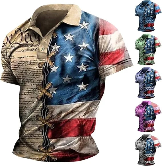 Men's American Flag Casual Short Sleeve Independence Day Polo Shirt