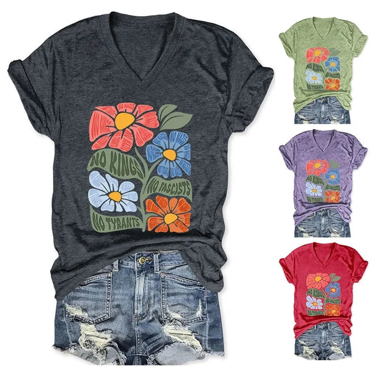 Women's V-neck short-sleeved No kings No Fascists No Tyrants T-shirt