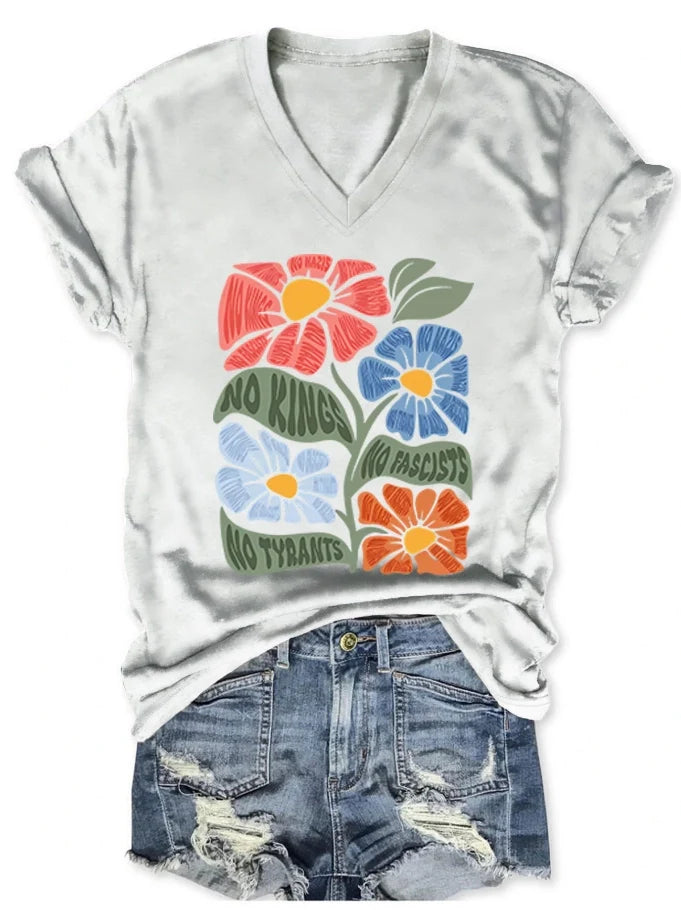 Women's V-neck short-sleeved No kings No Fascists No Tyrants T-shirt