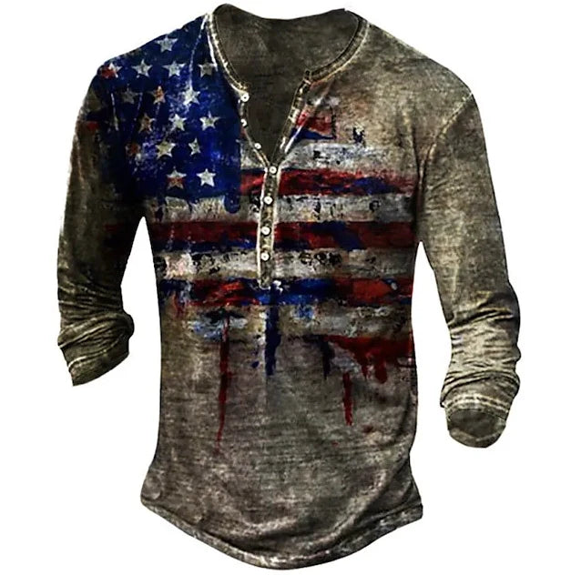Men's Printed Flag Long-Sleeved Retro Long Sleeve Tee Shirts Casual Button T-Shirts
