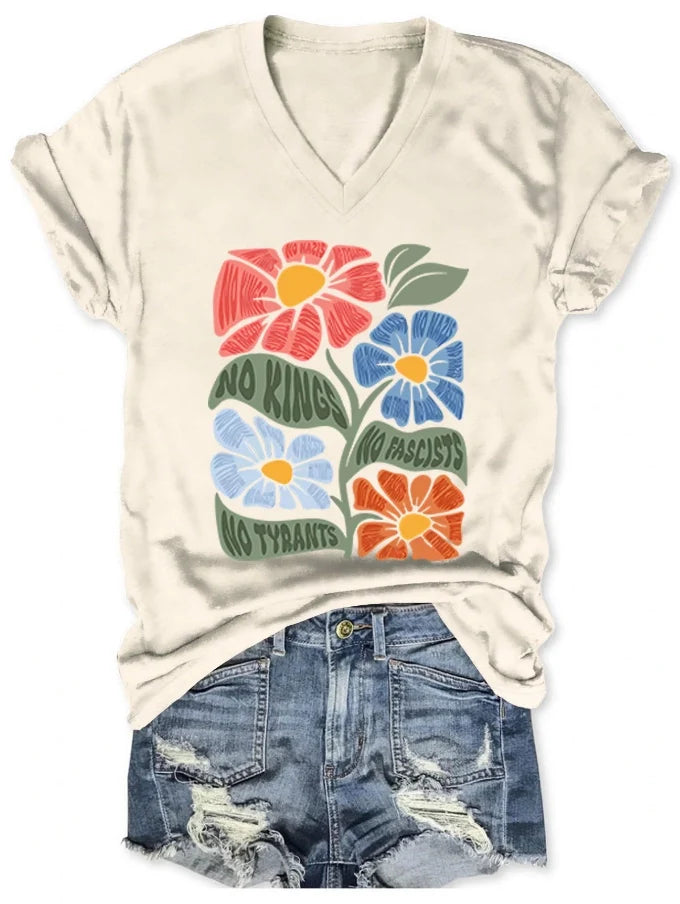 Women's V-neck short-sleeved No kings No Fascists No Tyrants T-shirt