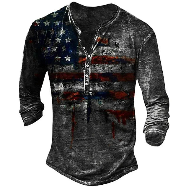 Men's Printed Flag Long-Sleeved Retro Long Sleeve Tee Shirts Casual Button T-Shirts