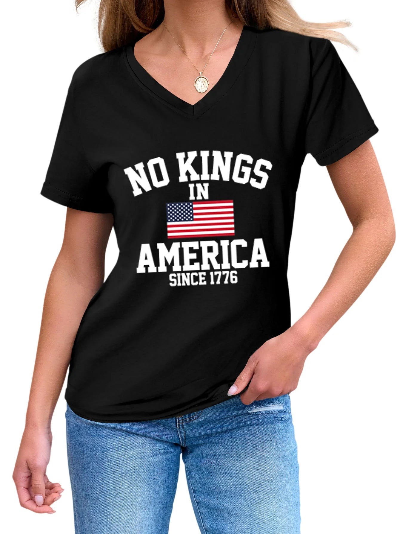 No Kings in America Casual Versatile Comfortable Women's V-neck Short Sleeve T-shirt