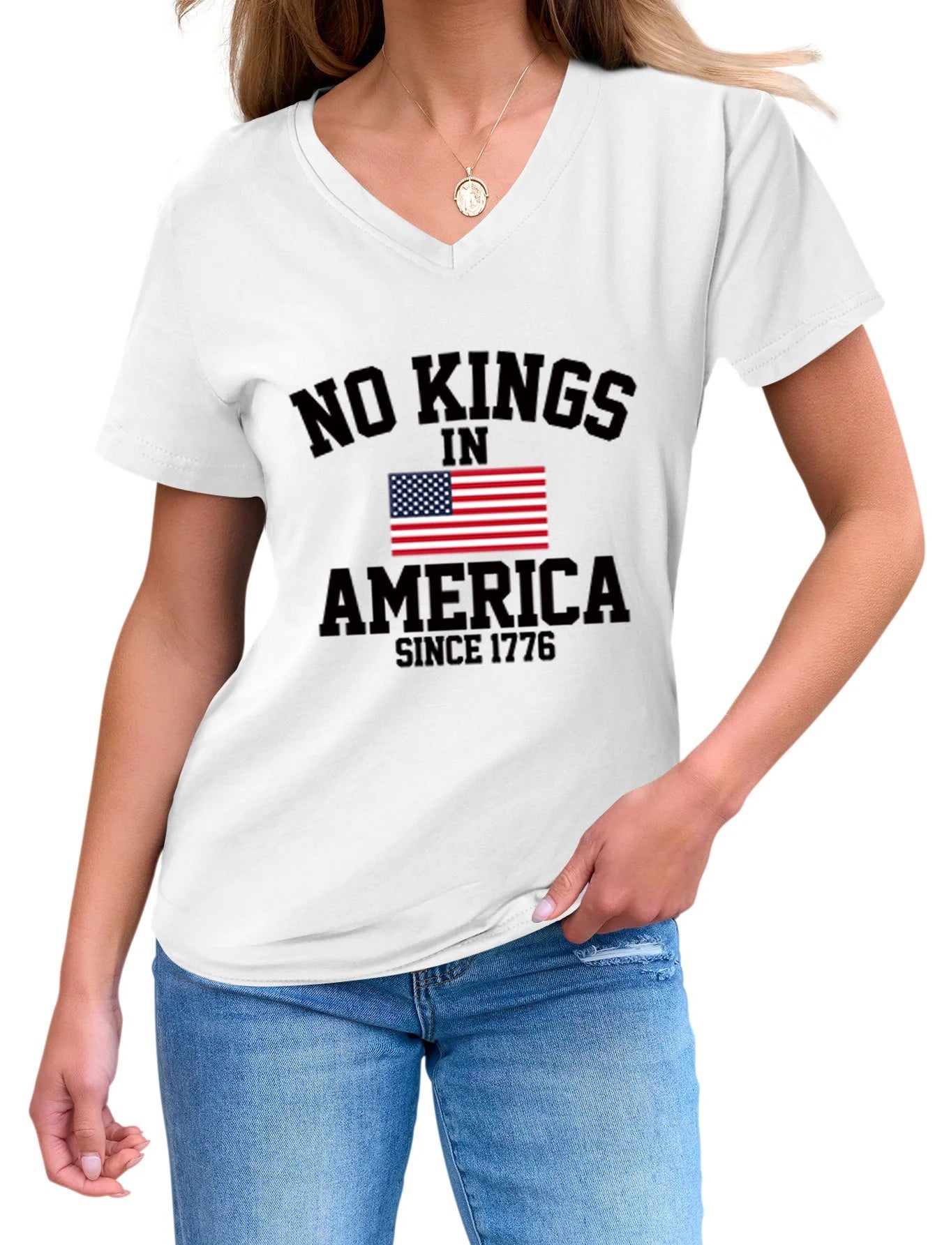 No Kings in America Casual Versatile Comfortable Women's V-neck Short Sleeve T-shirt