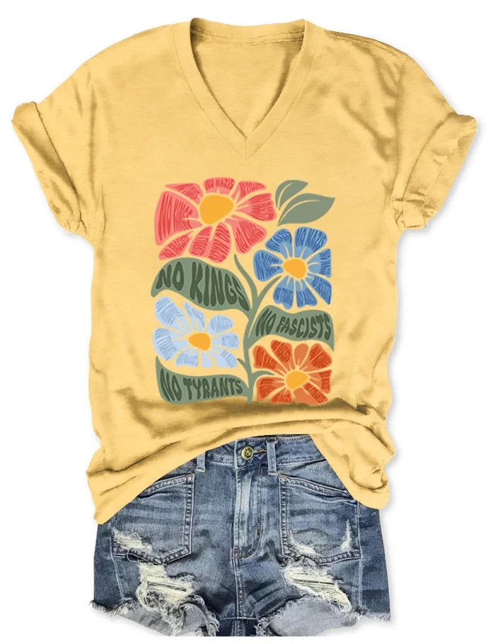 Women's V-neck short-sleeved No kings No Fascists No Tyrants T-shirt