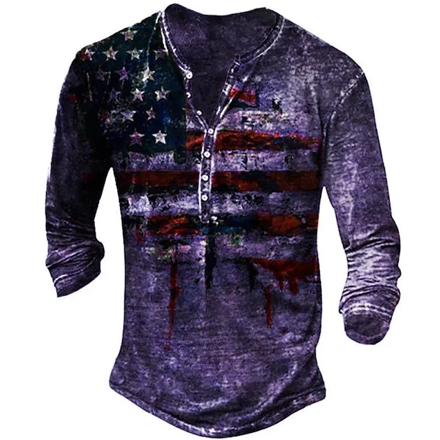 Men's Printed Flag Long-Sleeved Retro Long Sleeve Tee Shirts Casual Button T-Shirts