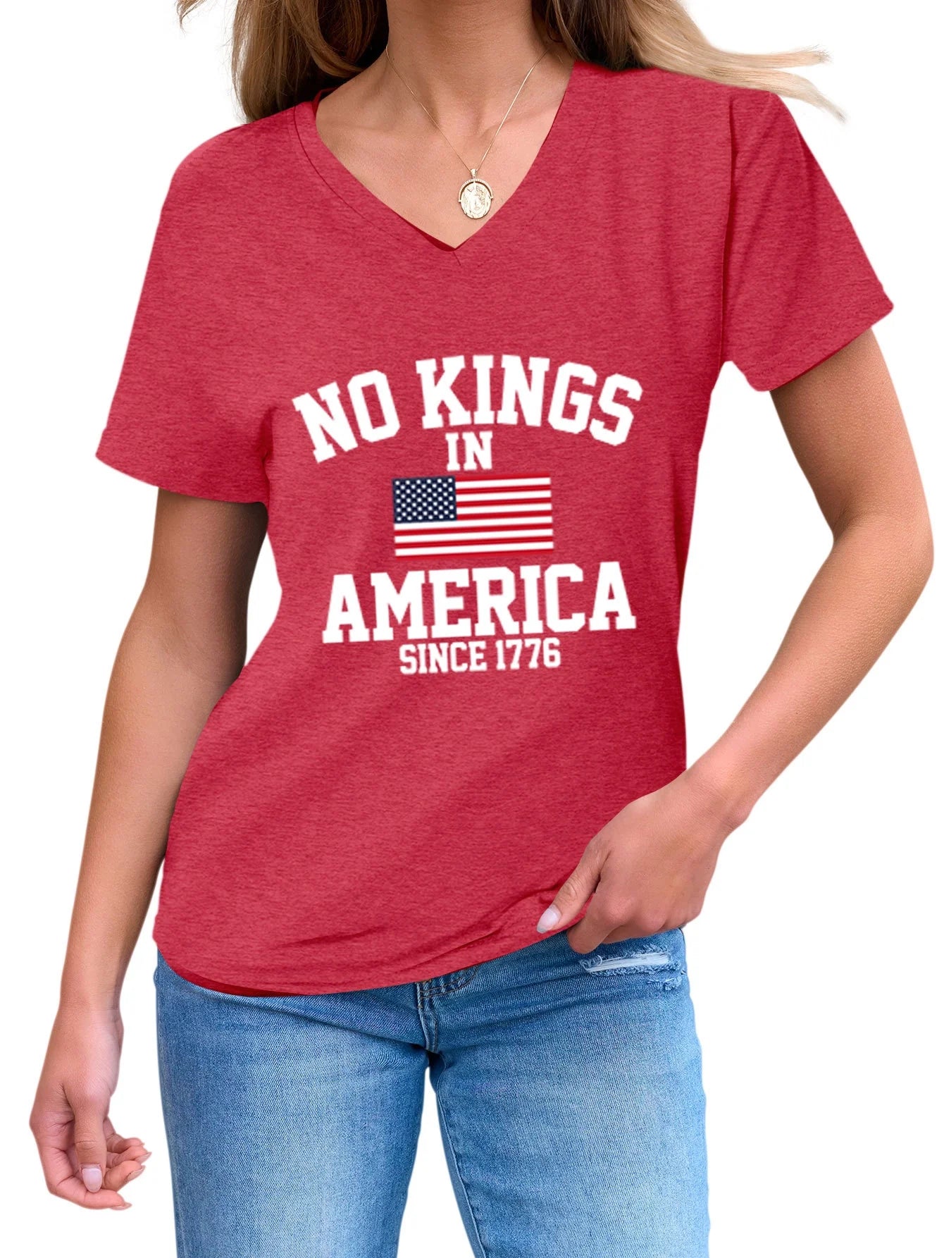 No Kings in America Casual Versatile Comfortable Women's V-neck Short Sleeve T-shirt