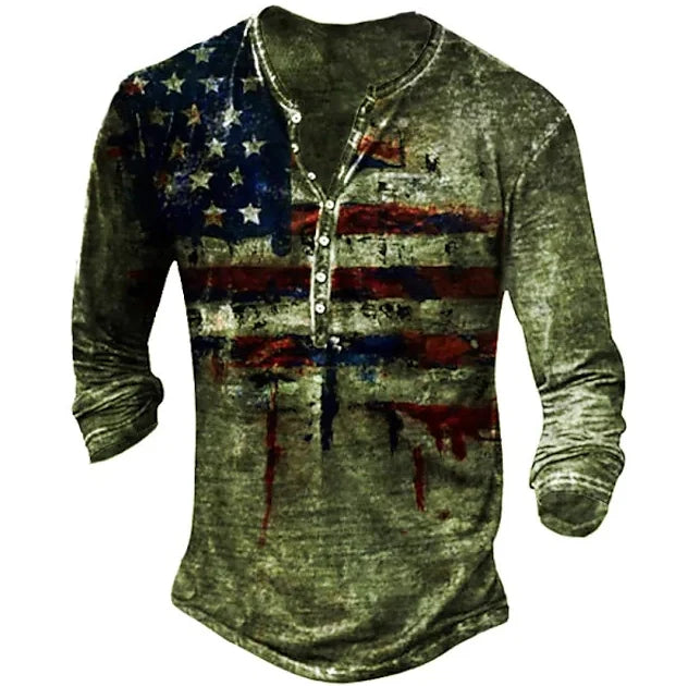 Men's Printed Flag Long-Sleeved Retro Long Sleeve Tee Shirts Casual Button T-Shirts