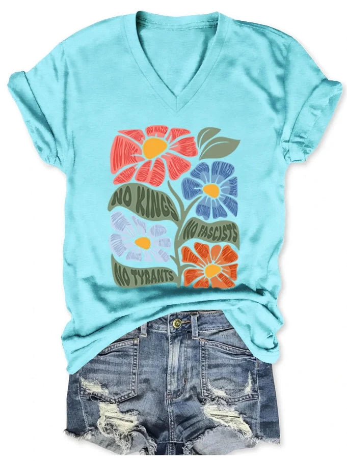 Women's V-neck short-sleeved No kings No Fascists No Tyrants T-shirt