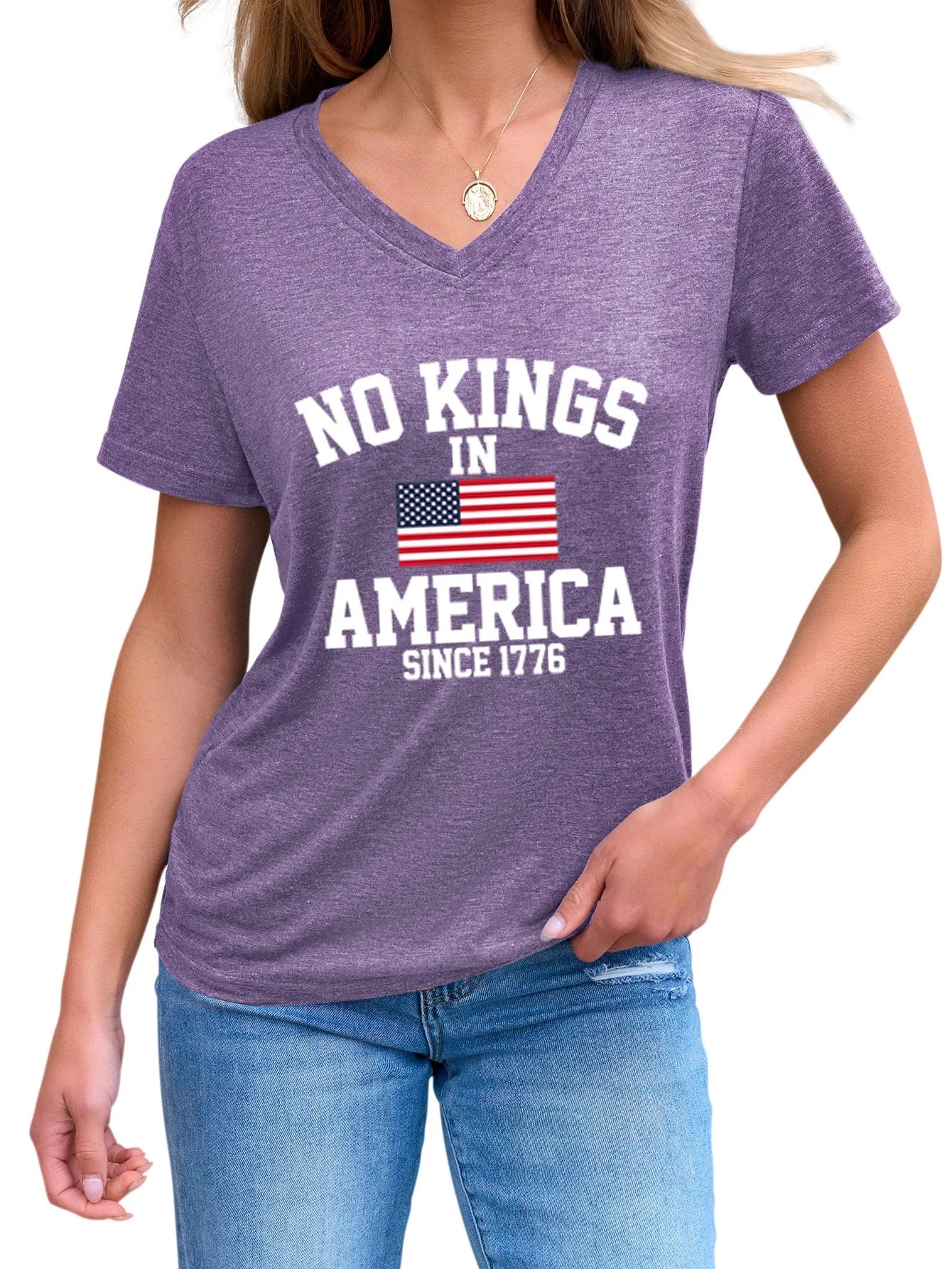 No Kings in America Casual Versatile Comfortable Women's V-neck Short Sleeve T-shirt