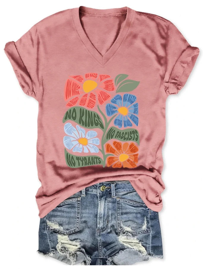 Women's V-neck short-sleeved No kings No Fascists No Tyrants T-shirt