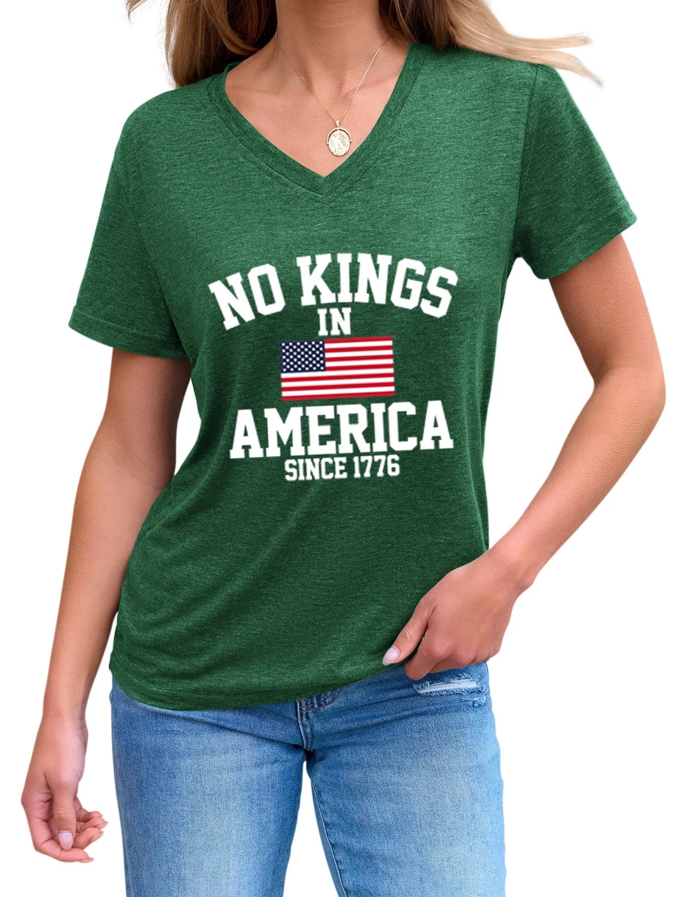 No Kings in America Casual Versatile Comfortable Women's V-neck Short Sleeve T-shirt