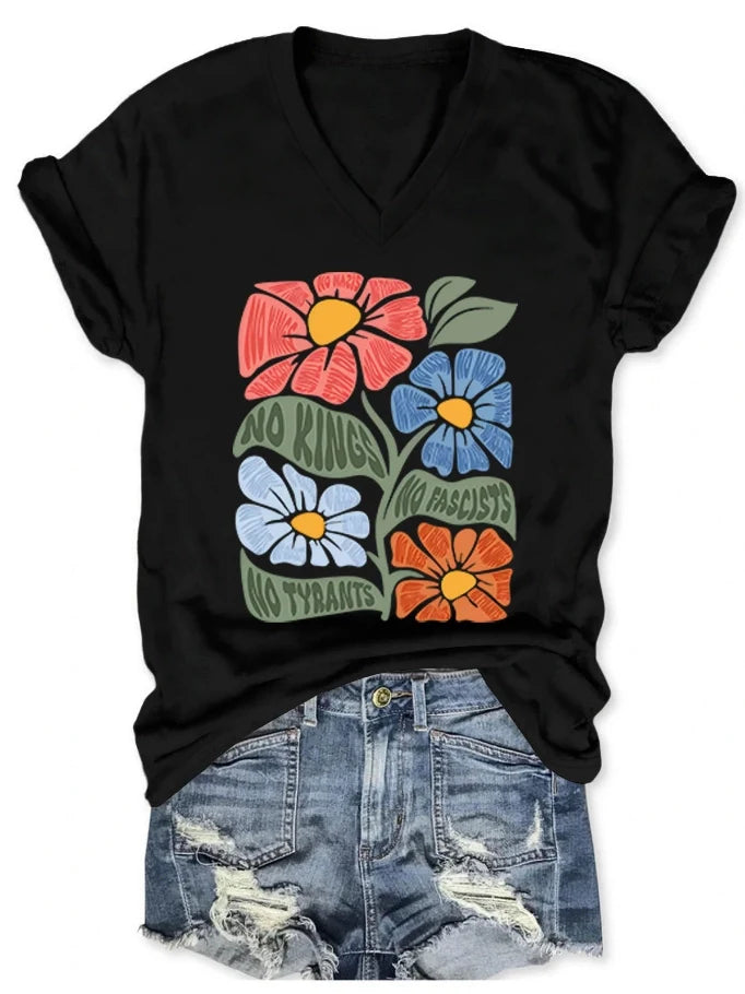 Women's V-neck short-sleeved No kings No Fascists No Tyrants T-shirt
