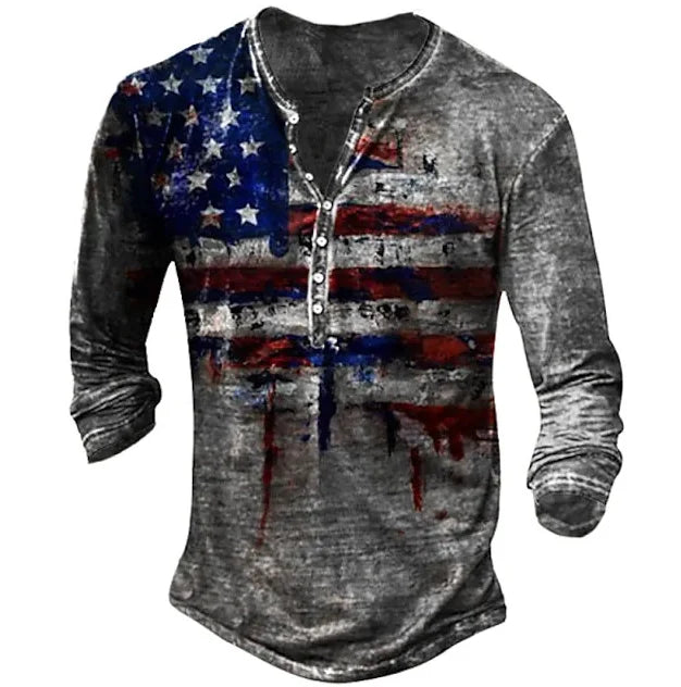 Men's Printed Flag Long-Sleeved Retro Long Sleeve Tee Shirts Casual Button T-Shirts