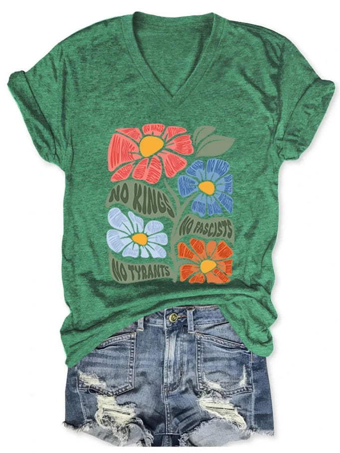 Women's V-neck short-sleeved No kings No Fascists No Tyrants T-shirt