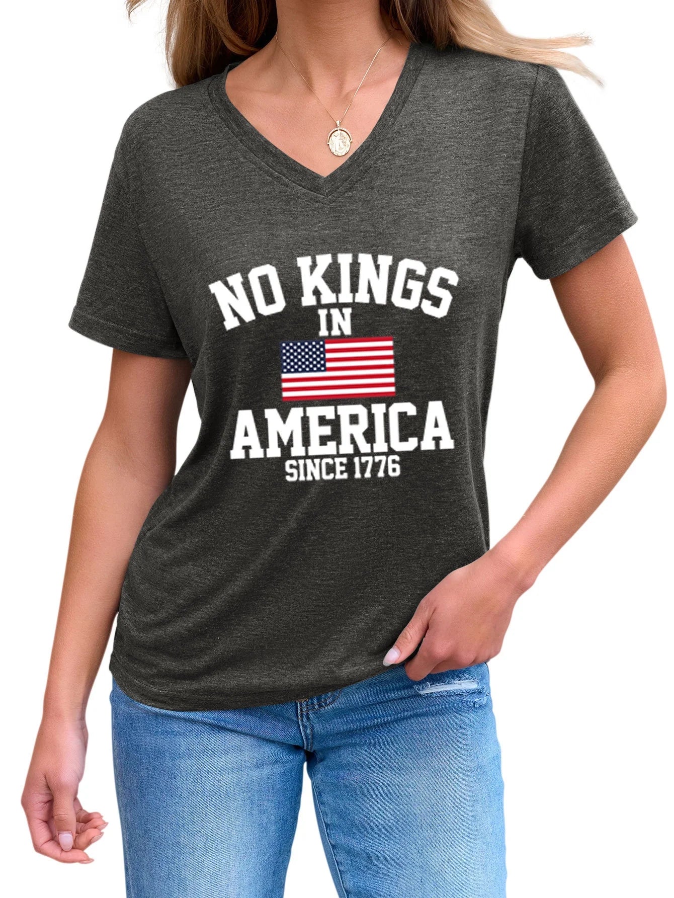 No Kings in America Casual Versatile Comfortable Women's V-neck Short Sleeve T-shirt