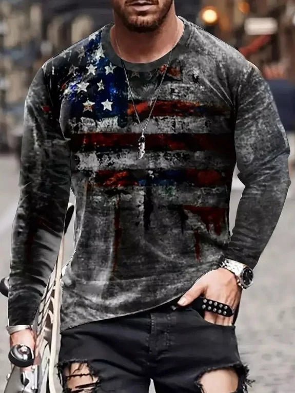 Men's 3D Digital Printed American Flag Long-Sleeved Casual T-Shirt