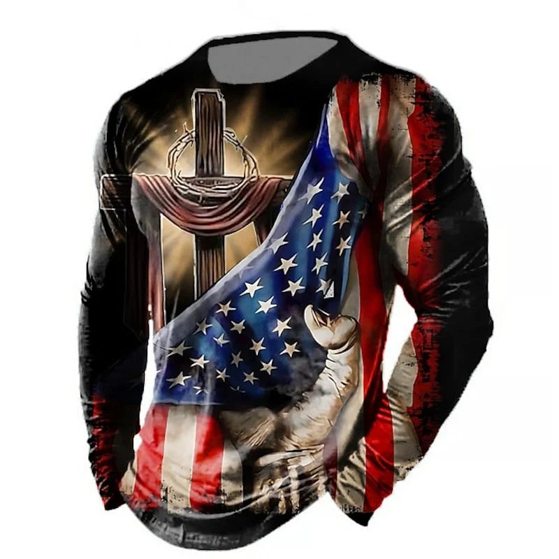 Men's 3D Digital Printed American Flag Long-Sleeved Casual T-Shirt