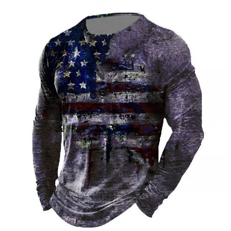 Men's 3D Digital Printed American Flag Long-Sleeved Casual T-Shirt